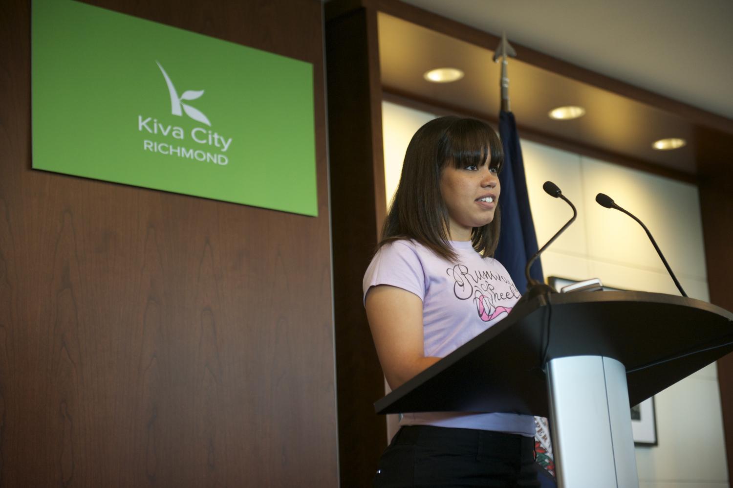Allyson Shaffier, founder of Runway Wheels and Kiva Zip Borrower giving her speech at the launch.