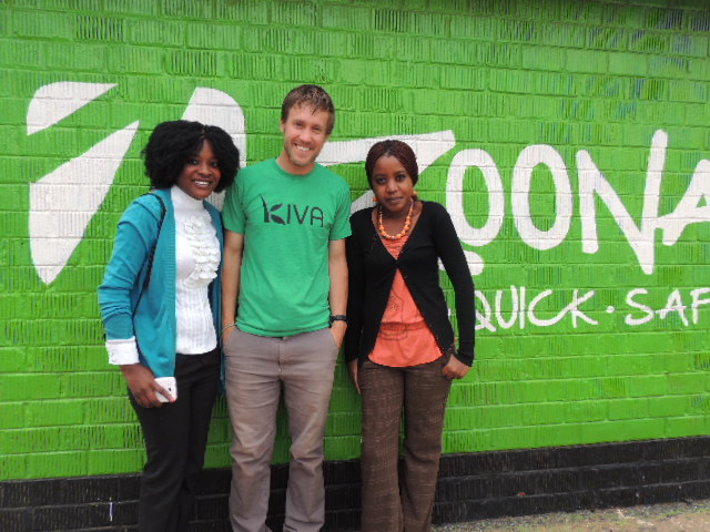 Memory with Kiva staff member, Nick, on a recent visit from Kiva headquarters, and Misozi, a Zoona agent and Kiva borrower in Lusaka