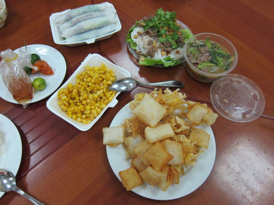 Pho Cuon: rice noodles prepared a few different ways: rolled, fried, boiled. Served with fried corn.