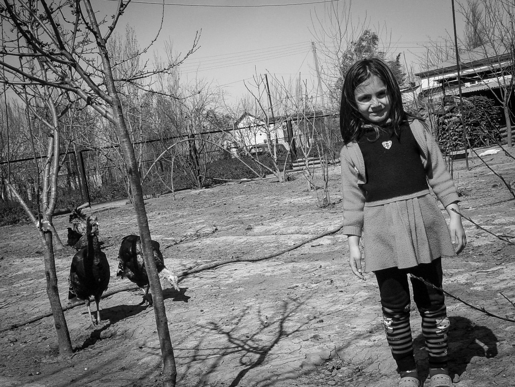 A neighbor's daughter posses with turkeys.