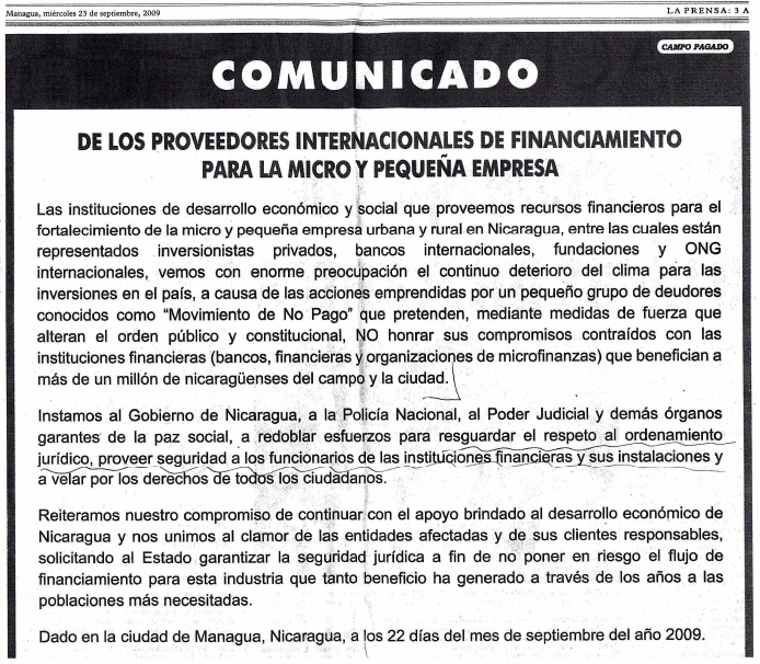 La Prensa ad text Full-page ad in the Nicaraguan newspaper La Prensa, 9/23/09, signed by Kiva and 24 other groups