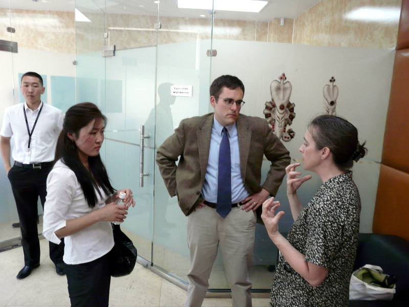 P1020495 Kimberly discussing Kiva with representatives of Friends of Mongolia
