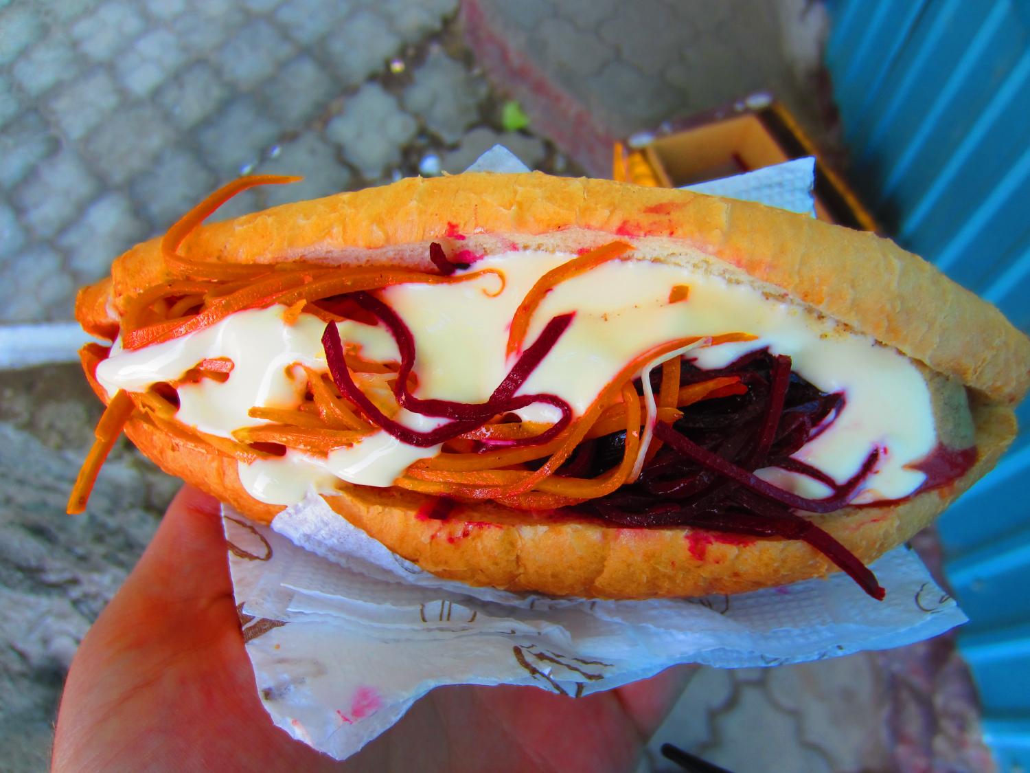 Of course there are always hot dogs with carrots, beets, and mayonaise.