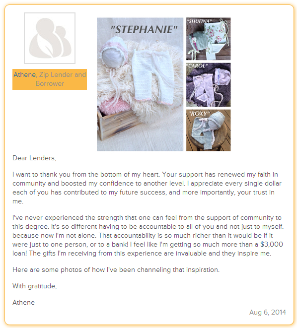 Athene shares her experience with Kiva Zip and her lenders.