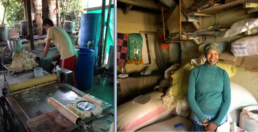 Family-run arepa factory near Medellin, Colombia (left) and a grains & cereals seller in Nanyuki, Kenya (right).