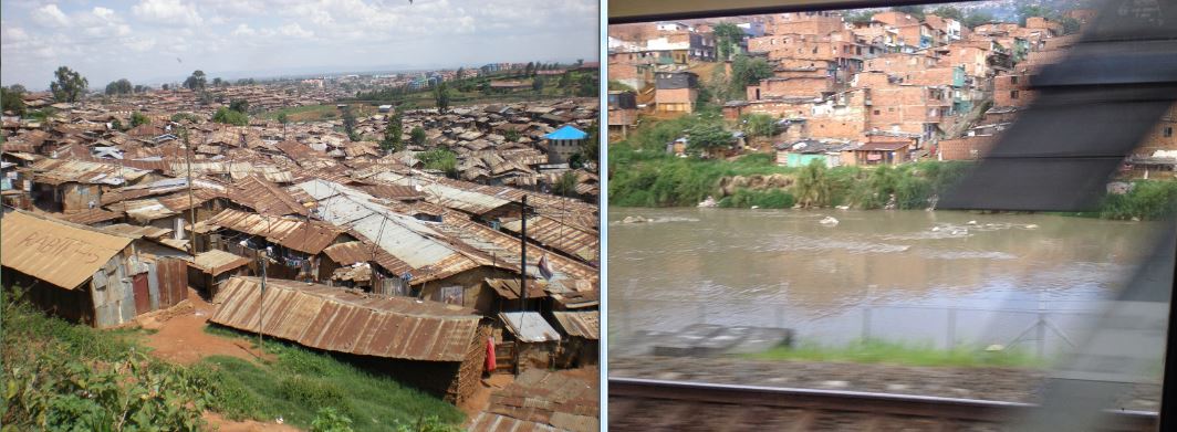 Low-income neighborhoods in Nairobi (left) and Medellin (right).