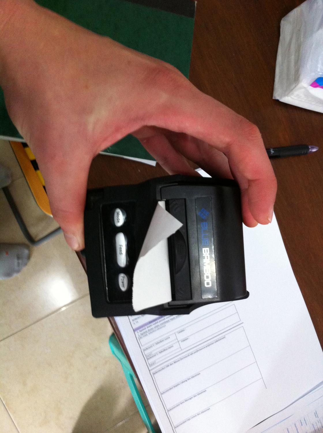 A bluetooth printer, purchased by Ruma agents to provide receipts to customers
