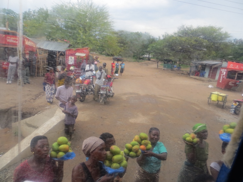 Women with fresh mangos outside the bus