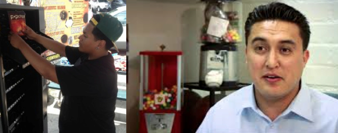 (Left) Gumball Foundation student stocking his machine / (Right) Ezequiel & his original gumball machine